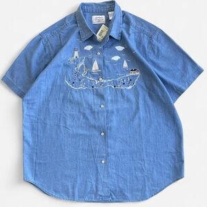 Vintage NWT Northern Treasures Embroidered Coastal Lighthouse Button Down Shirt